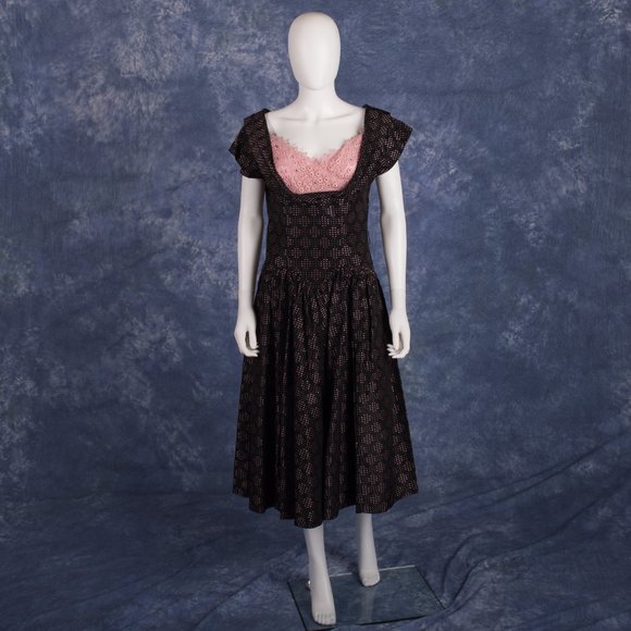 Vintage Black & Pink Taffeta Tea Dress w/ Pink Lace Bodice - Picture 1 of 4